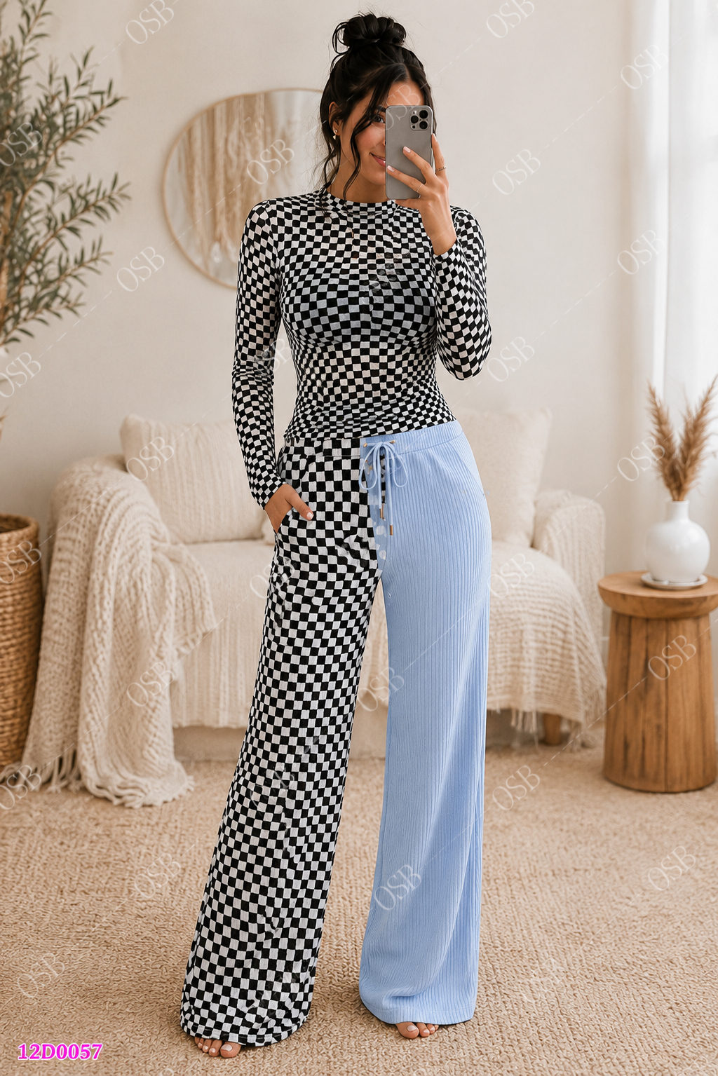 Black/White Checkered Mesh Long Sleeve