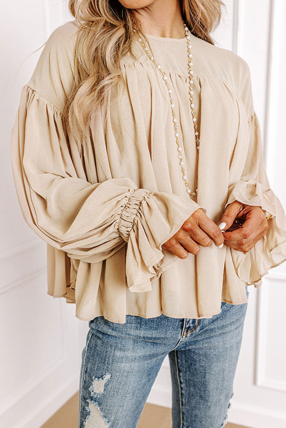 Beige Pleated Ruffle Blouse RTS