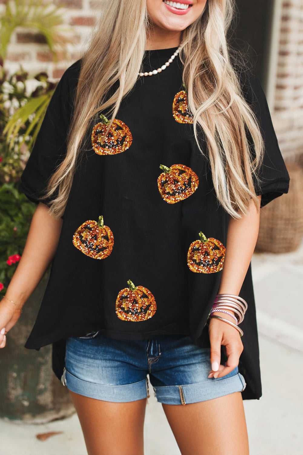 Black Sequin Pumpkin Top RTS