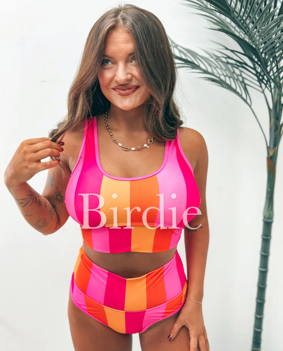 Two Piece Swimsuit in Pink Lemonade Striped (Sold as Set)