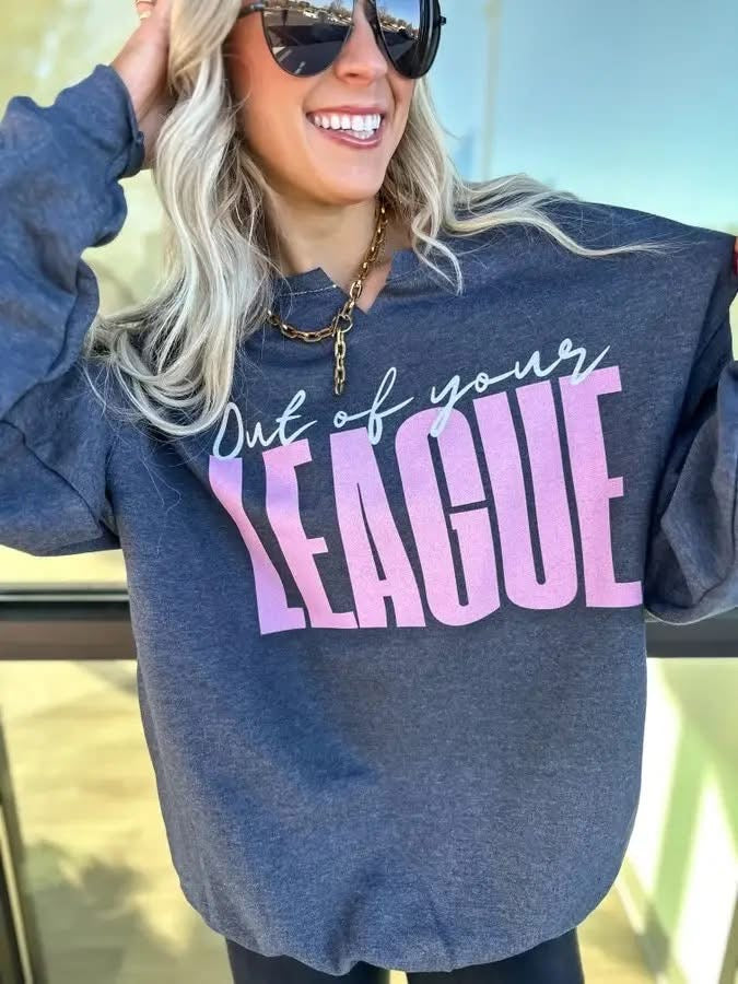 Out Of Your League Dark Heather Gray Split Neck Graphic Crew
