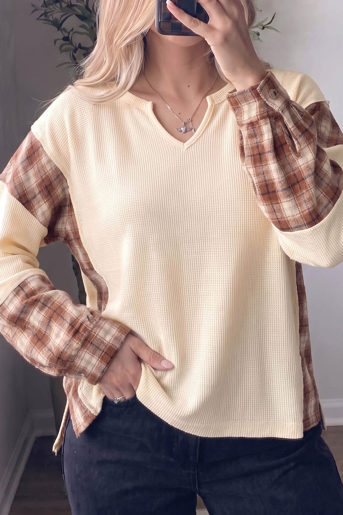 Cream & Plaid Long-sleeve Sweater