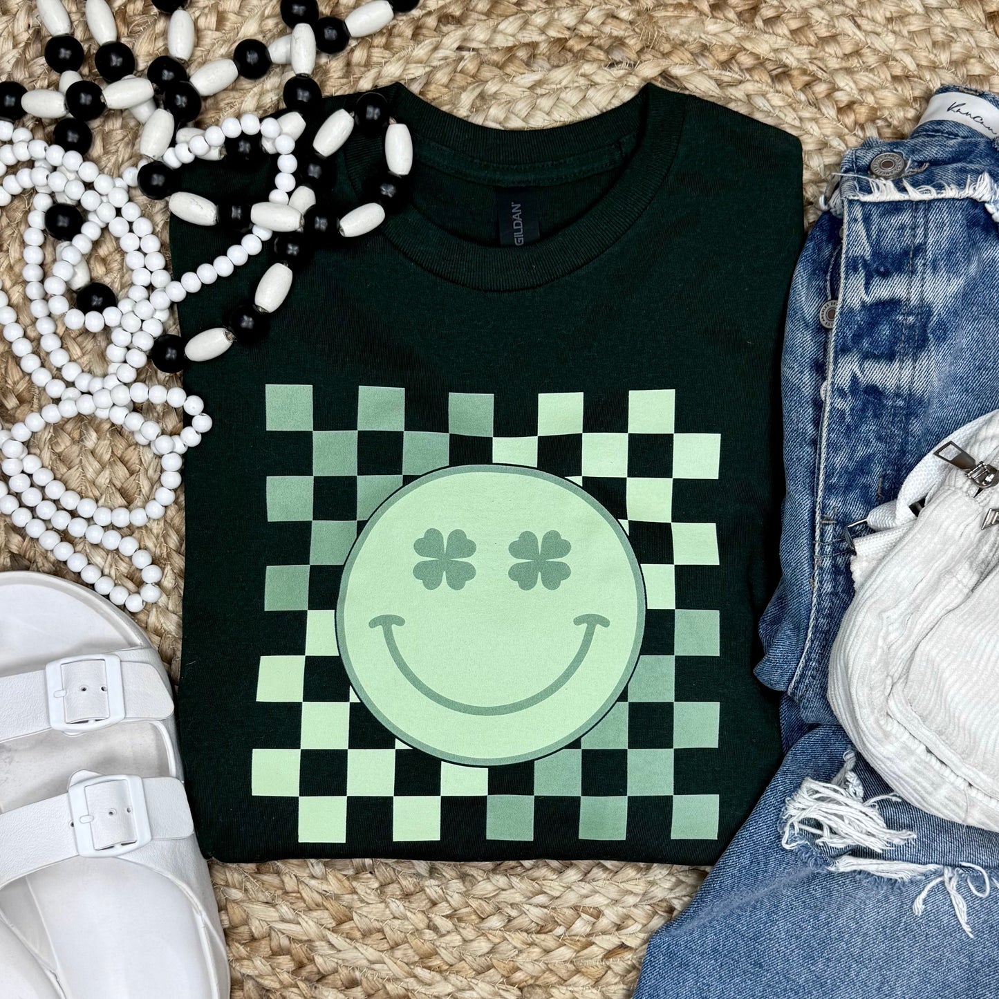 Checkered St Patrick's Day Smiley Face Short or Long Sleeve Tee