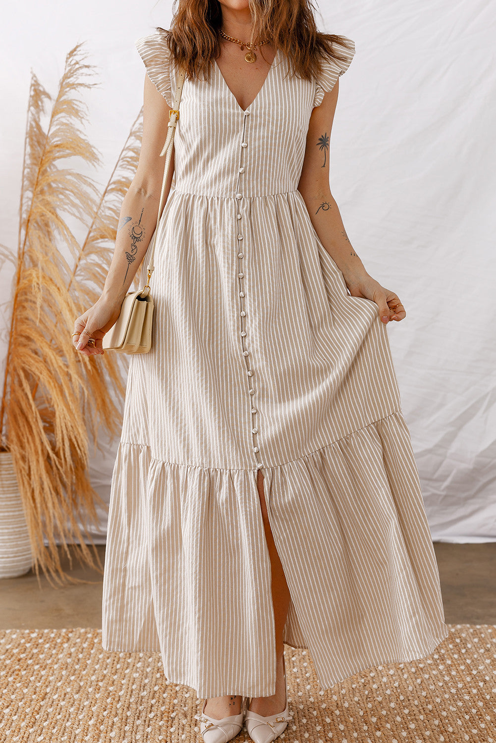 Khaki Stripe Button Maxi Dress LT
