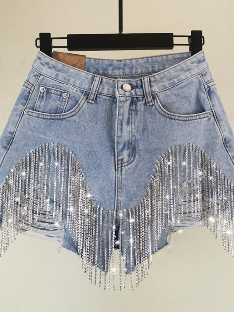 Summer Ripped Jeans Short Femme High Waist Diamond Tassel