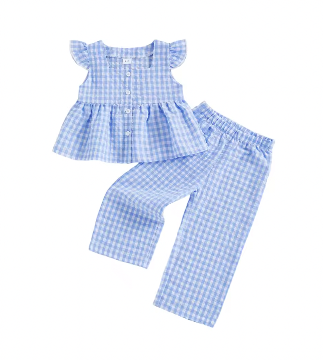 Blue Gingham Ruffle Tank Pants Set