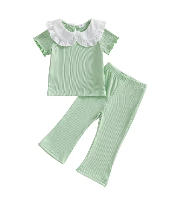 Green Ribbed Solid White Collared Set