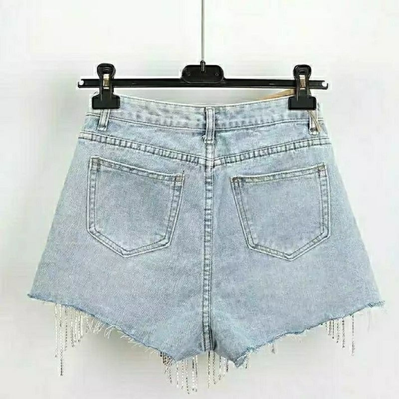 Summer Ripped Jeans Short Femme High Waist Diamond Tassel