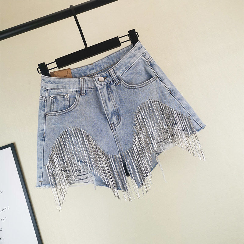 Summer Ripped Jeans Short Femme High Waist Diamond Tassel
