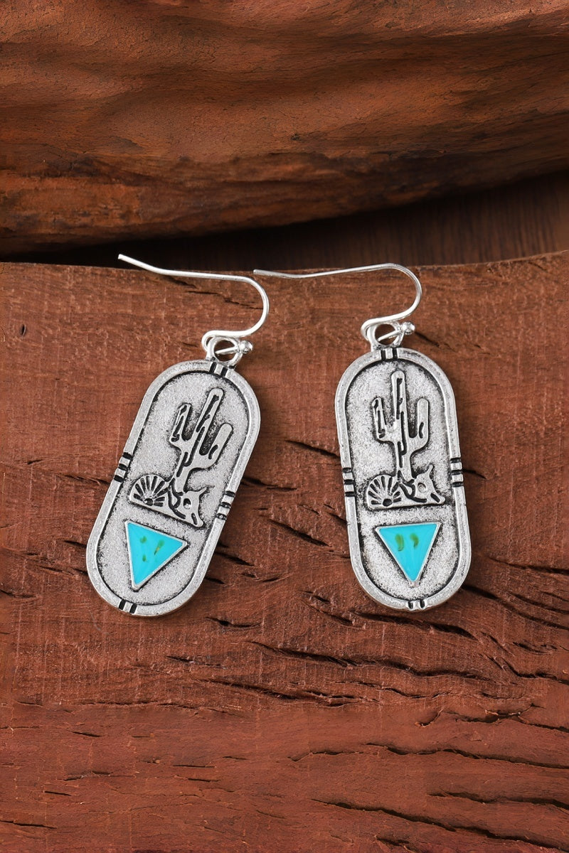 Carved Cactus Earrings ā Turquoise Triangle Inlay šµš