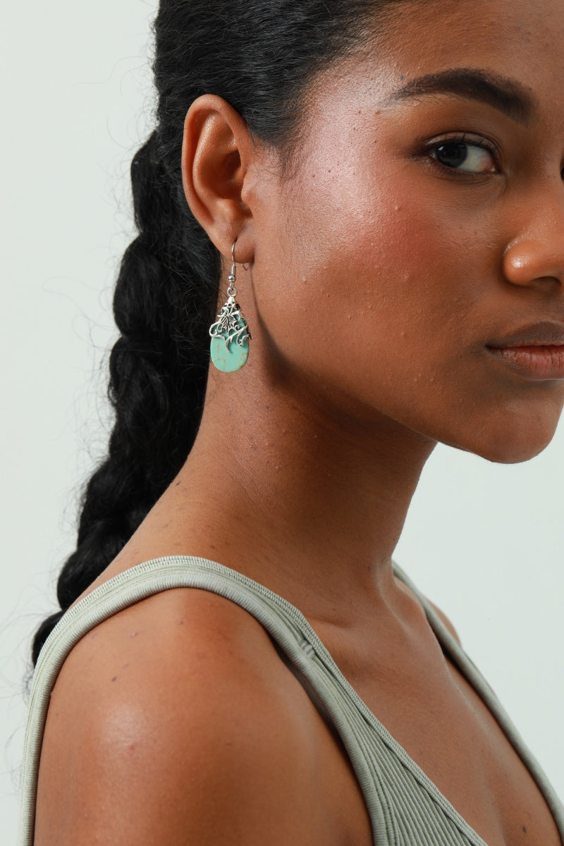 Ethnic Openwork Earrings β Carved Turquoise Inlay πΏπ