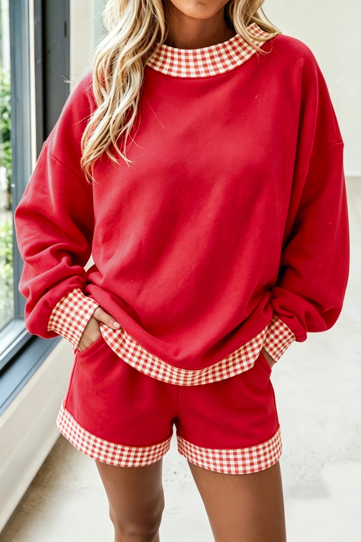 Red Checkered MockNeck & Short Set