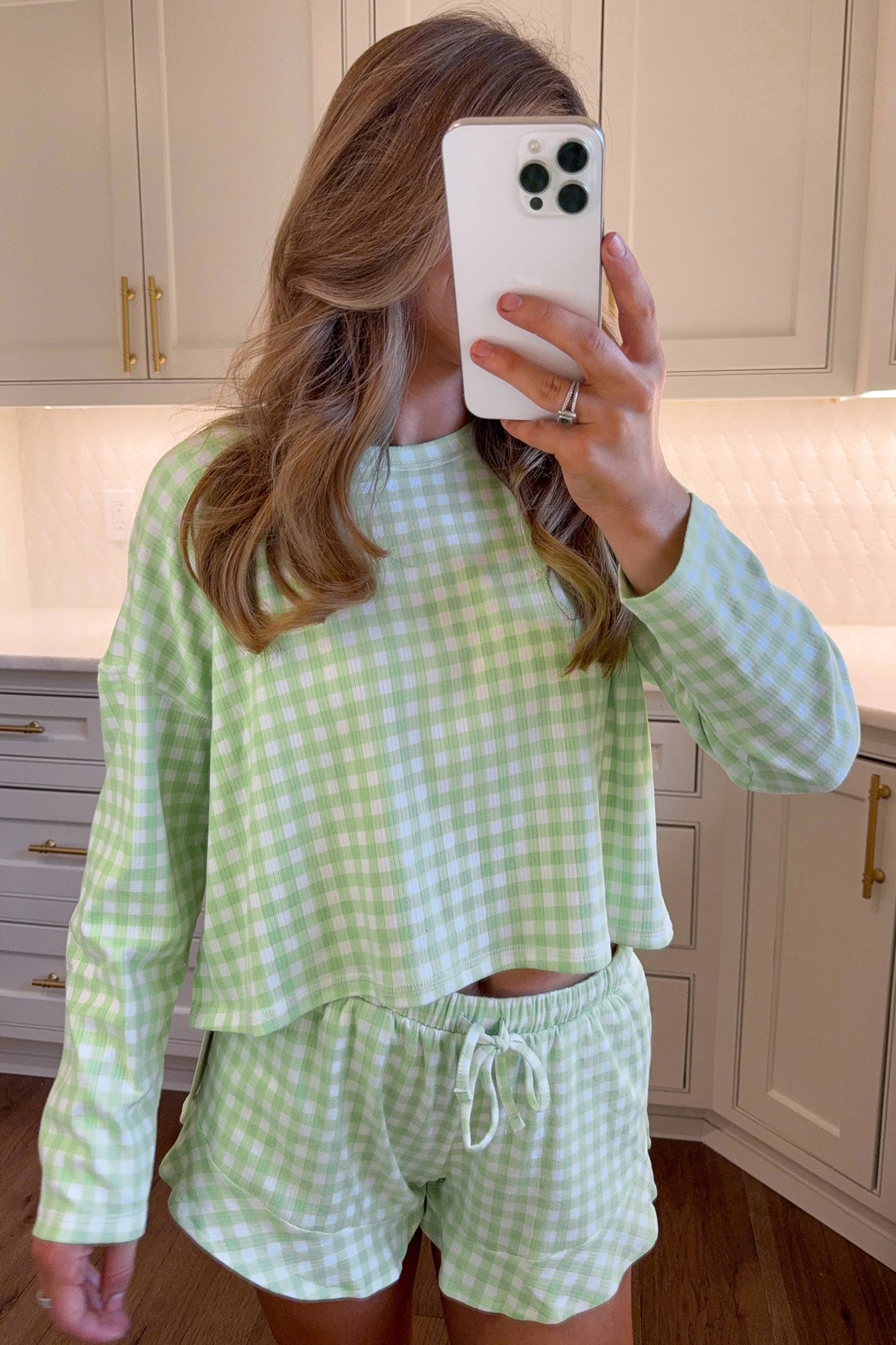 Green Gingham Long Sleeve Loose Top Drawstring Shorts 2pcs Lounge Set