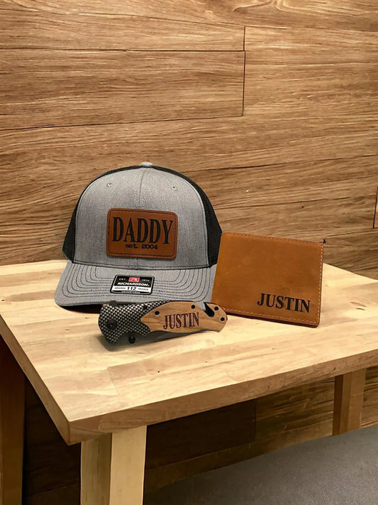 Custom Hat, Knife/Wallet Combo – Personalized Gift Set