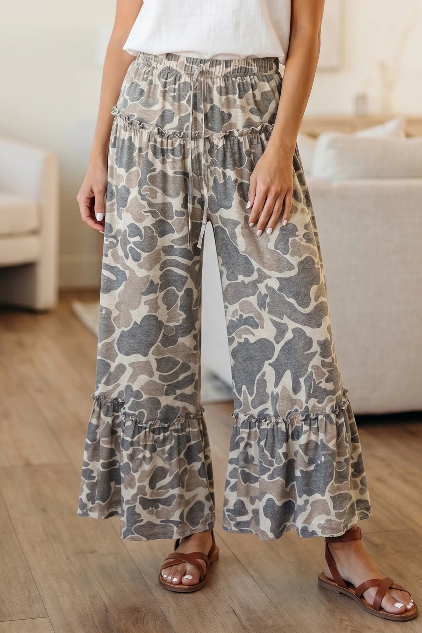 Camo Wide Leg Ruffled Pants