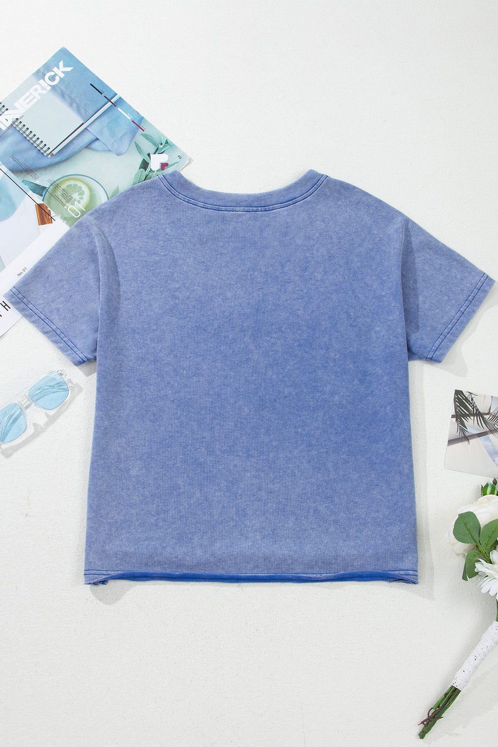 Blue  Mineral Wash USA Patch V Neck Tee RTS