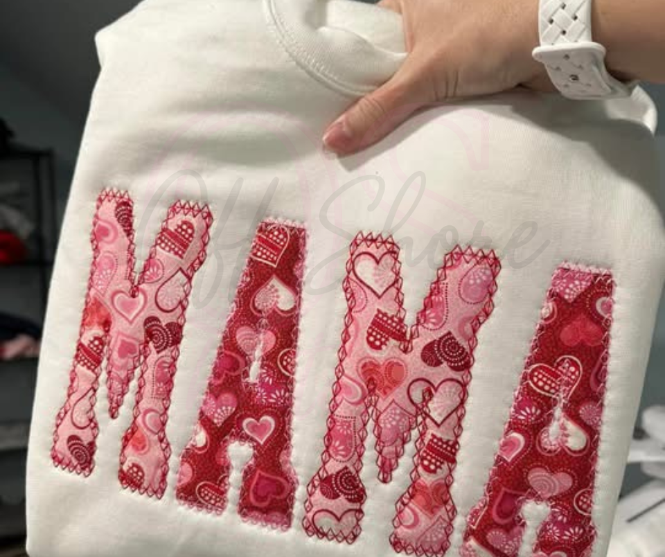 Mama Valentines Day Fabric White Crewneck
