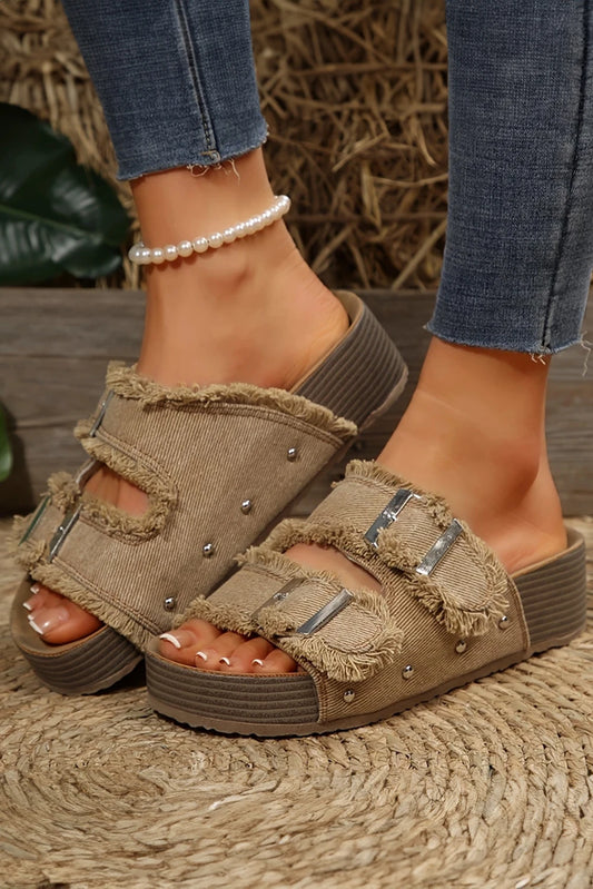 Khaki Frayed Slides