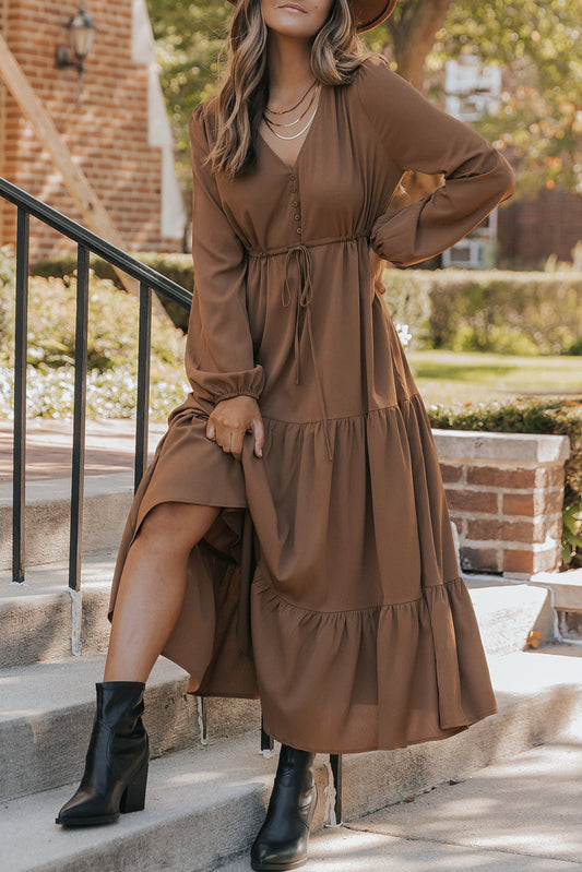 Chestnut Button Tiered Maxi Dress RTS
