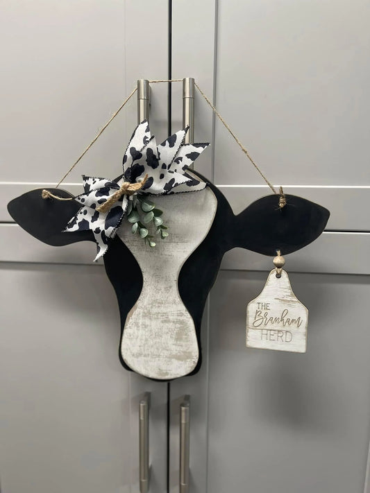 Custom 18” Cow Head Wall Decor with Tag, Bow, and Greenery | Farmhouse Chic