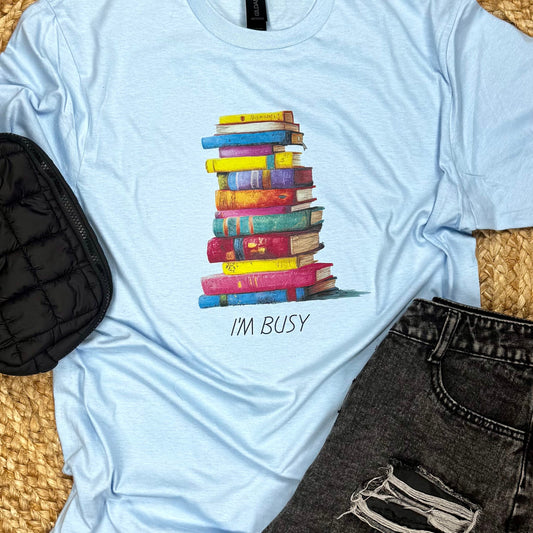 I'm Busy Book Stack Booklover Tee | Gildan