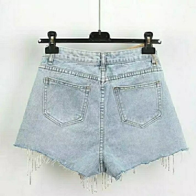 Summer Ripped Jeans Short Femme High Waist Diamond Tassel