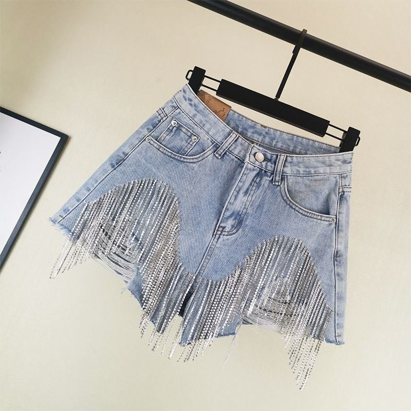 Summer Ripped Jeans Short Femme High Waist Diamond Tassel