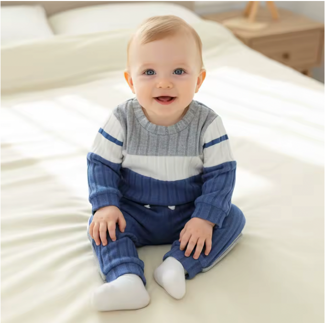 Blue Grey Striped Ribbed Lounge Set