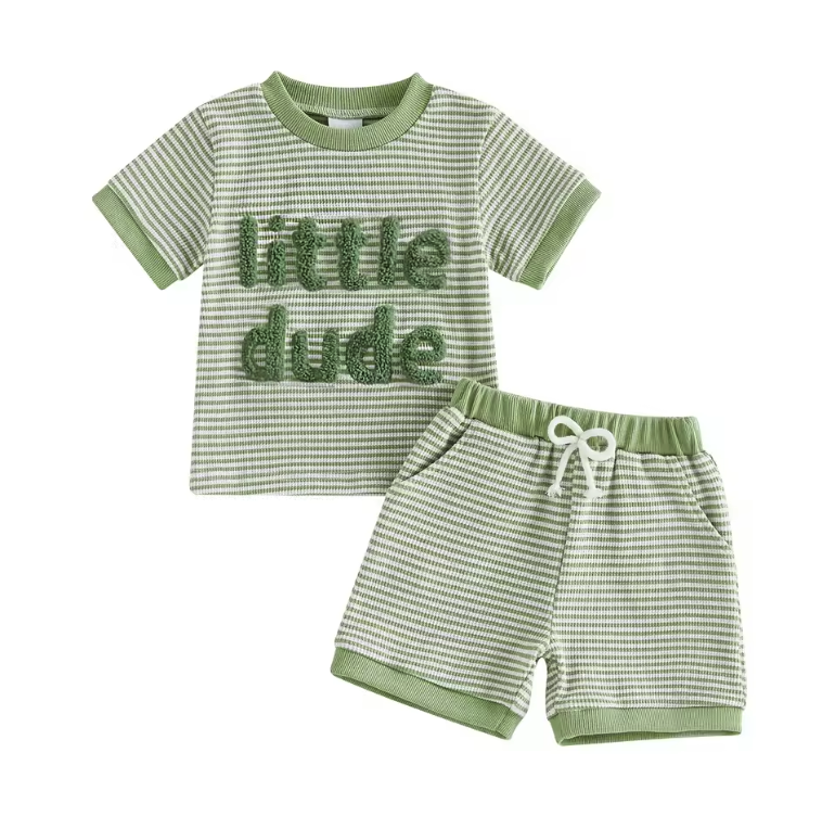 Green Waffle Knit Little Dude Short Set