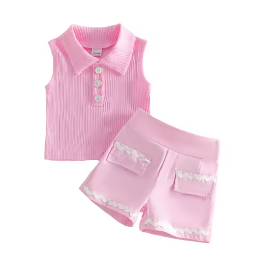 Pink Collared Tank Short Set