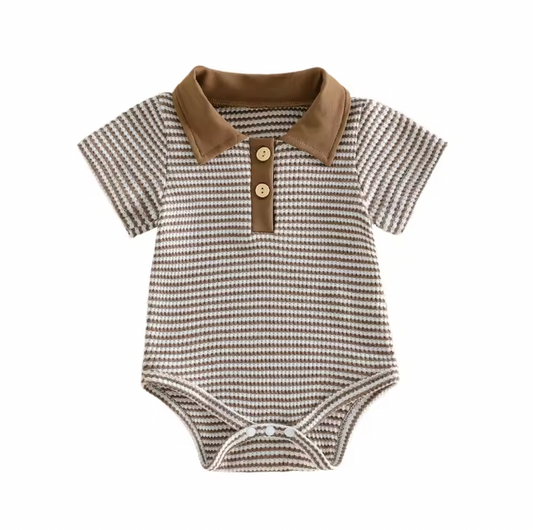 Brown Waffle Knit Striped Collared Romper