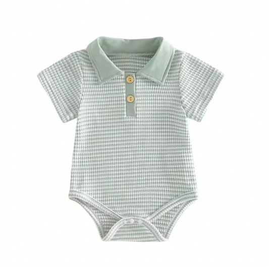Green Waffle Knit Striped Collared Romper