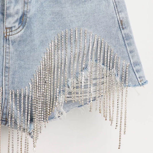 Summer Ripped Jeans Short Femme High Waist Diamond Tassel