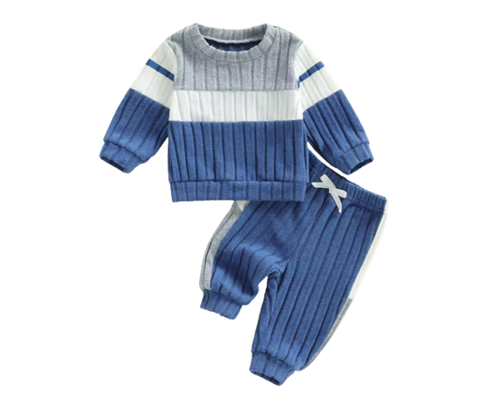 Blue Grey Striped Ribbed Lounge Set