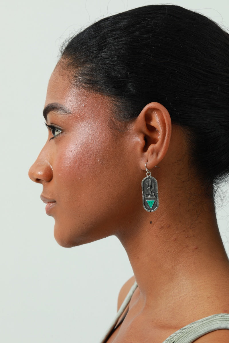 Carved Cactus Earrings – Turquoise Triangle Inlay 🌵💎