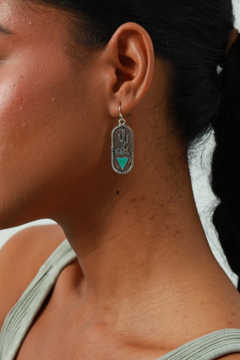 Carved Cactus Earrings – Turquoise Triangle Inlay 🌵💎