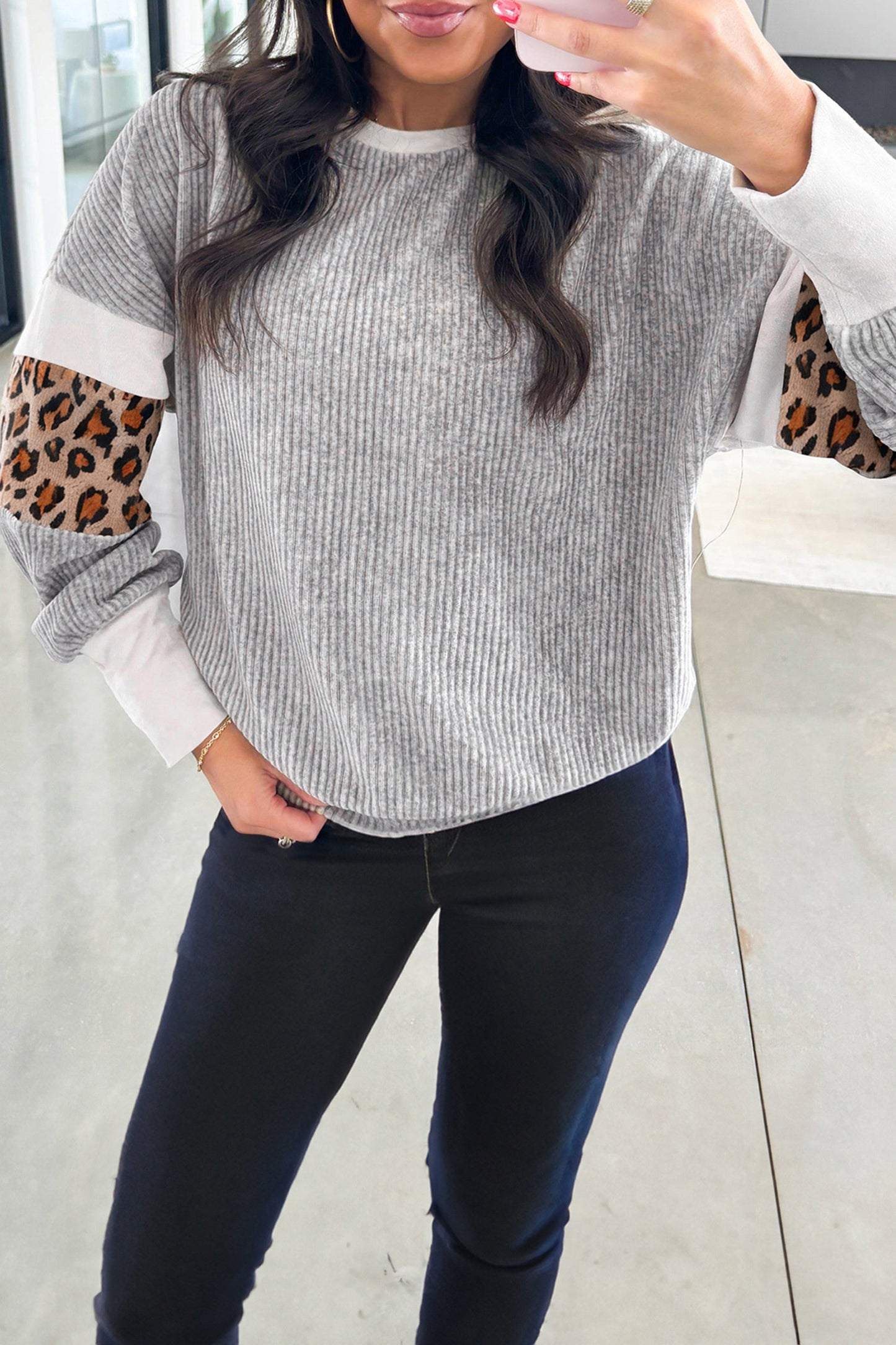 Grey Ribbed Leopard Long Sleeve