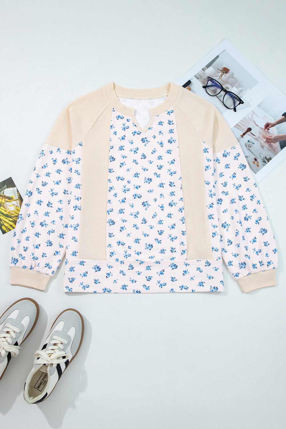 Beige Waffle Knit Floral Top LT